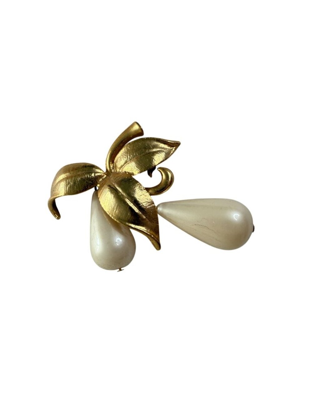 Vintage Gold Tone Faux Pearl Teardrop Brooch Floral Leaf Pin Statement Jewelry